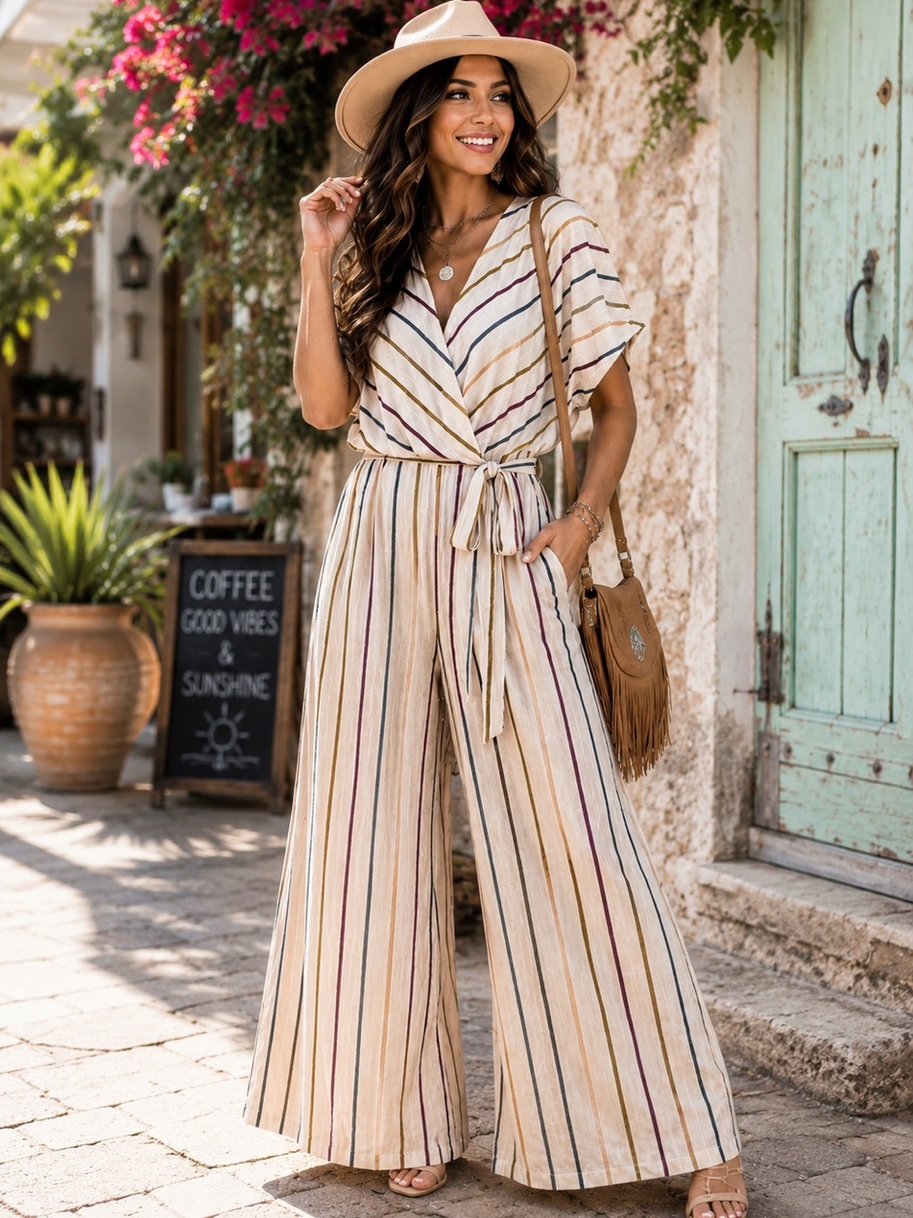 World Market Desert Striped 100% Cotton Wide Leg Jumpsuit NWT